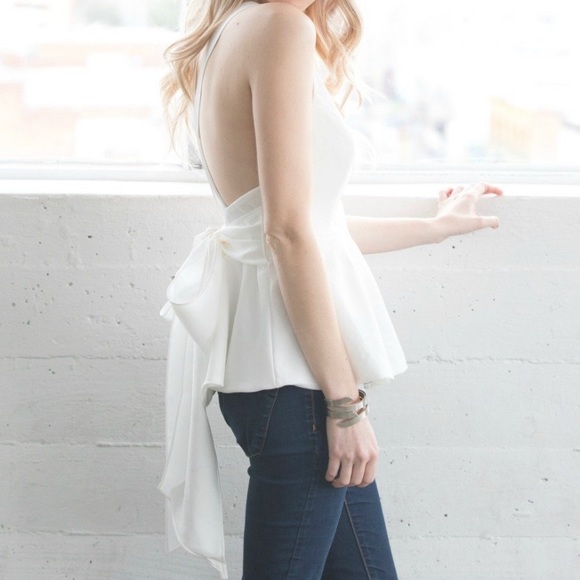 White Bow Tie Back Peplum Blouse - Picture 6 of 6